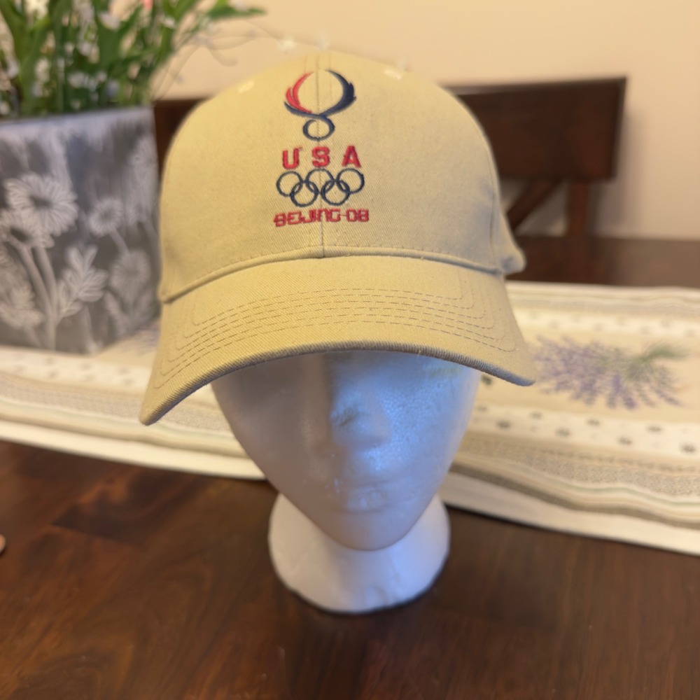 Team USA Beijing 2008 Olympics Hat Khaki Tan Embroidered Adjustable Baseball Cap